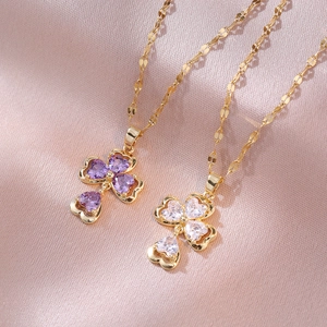 Collana Con Pendente Fiore A Cuore Acciaio Inossidabile Elegante Zircone Gioielli Di Moda Per Donne