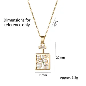 Gold perfume bottle necklace with white pearls and zircons on a delicate chain