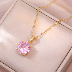 Collier Pendentif Zircon Rose Rond Acier Titane Plaqué Or Géométrique Élégant Bijoux Femmes