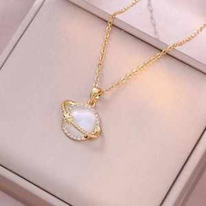 Planet Pendant Necklace Stainless Steel White Cat Eye Stone Zircon Inlaid Star Universe Jewelry For Women Girls Gift