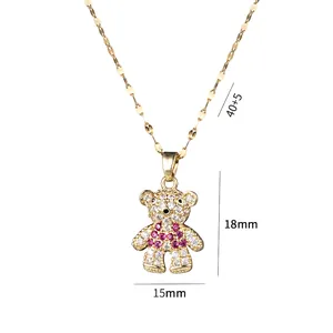 Gold bear pendant necklace with sparkling zircons and detailed dimensions shown
