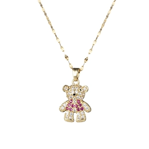 Golden titanium bear pendant necklace with sparkling pink and white zircon stones