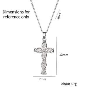 Silver cross pendant necklace with zircon stones, measuring 13mm by 7mm for women