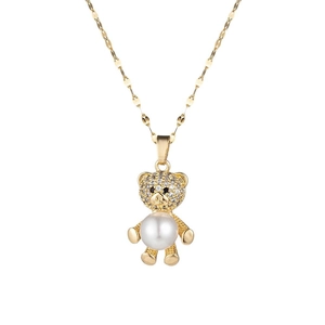 Collier doré avec pendentif ours en zircon et corps élégant en perle blanche