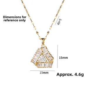 Detail of gold geometric triangle pendant with cubic zirconia and 40+5cm chain specs