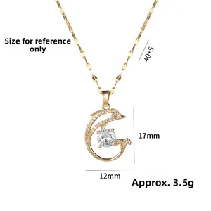 Detail of dolphin pendant necklace with white zircon and gold finish, size 17mm by 12mm