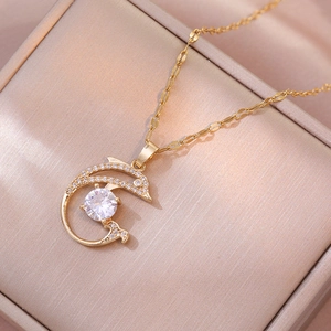 Dolphin Pendant Necklace Stainless Steel Zirconia Inlaid Chic Clavicle Chain Animal Jewelry Accessory For Women