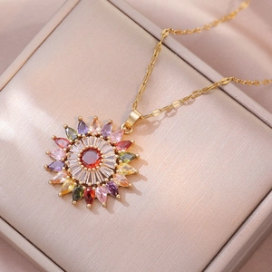 Sonnenblumen Anhänger Halskette Titanstahl Vergoldet Bunte Zirkonia Blume Runde Charme Mode Schmuck Für Frauen