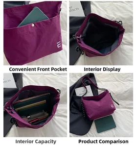 Detail of purple nylon crossbody bag showing compartments, large capacity, and woven strap