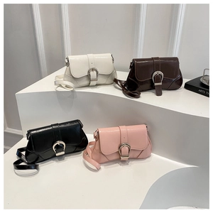 Detailed display of four colorful PU leather crossbody bags with silver metal buckles