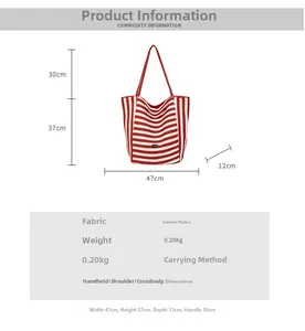 Detailed dimension guide for large red and white striped canvas tote bag with specs