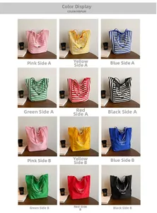 Detailed color display of large canvas tote bag featuring double-sided striped and solid design