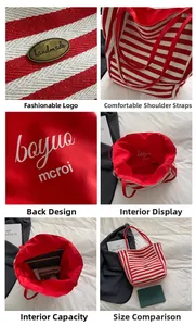 Detail view of red striped canvas tote bag showing handmade metal tag and spacious interior
