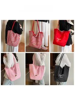 Collage of large canvas tote bags in striped, red, and black patterns with shoulder straps