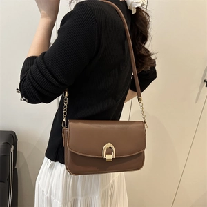 Brown rectangular crossbody bag with gold arch buckle on a model in white and black outfit