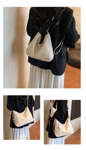 Versatile off-white hobo bag shown in multiple angles with adjustable straps on a model
