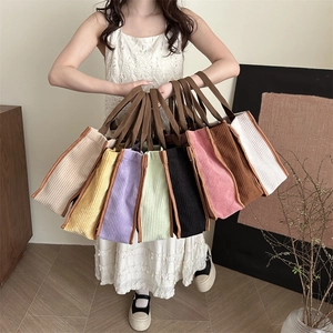 Fashion corduroy tote bags for women in eight colors with brown ribbon handles