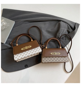 Close-up of vintage flap square bags in brown and khaki monogram with gold buckles