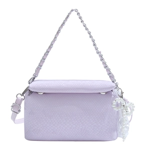 Lavender faux snake skin underarm bag with silver chain and pearl bow charm
