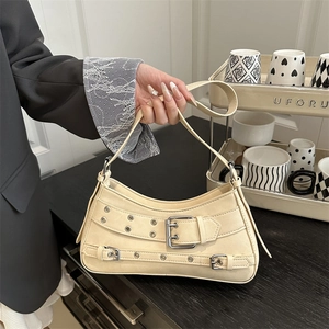 Y2K Punk PU Leather Underarm Bag Women Vintage Shoulder Bag With Belt Buckle Eyelets Daily Commuter Fashion Hobo Bag