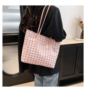 Pink and white checkerboard tote bag with dual shoulder straps and JINGPIN leather label
