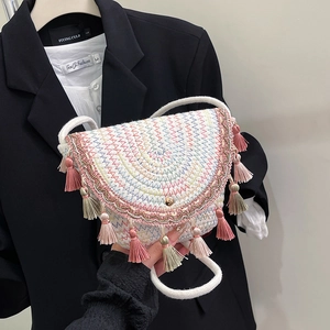 Bohemian Straw Woven Crossbody Bag Half Moon Summer Beach Vacation Handbag With Tassels And Ethnic Embroidery For Women