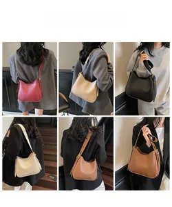 Collage of leather tote bags in six colors including red, beige, and brown on models