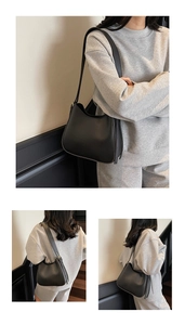 Minimalist black leather tote bag shown from multiple angles on a female model