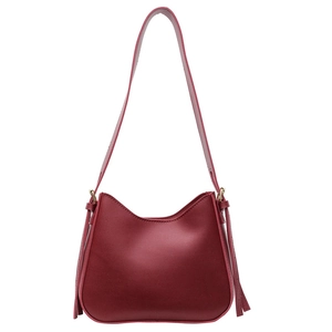 Elegant wine red soft leather tote bag with stylish side tassels for women