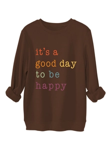 Detail of soft ribbed crewneck and colorful printed motivational slogan on brown sweatshirt