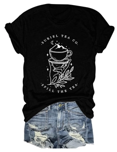 Ensemble t-shirt noir Suriel Tea Co avec motif graphique et short en jean délavé à plat