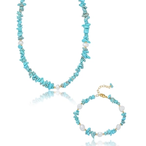 Natural Turquoise Chips Freshwater Pearl Necklace Stainless Steel Chain Bohemian Vintage Jewelry For Women