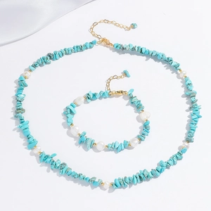 Bohemian style necklace and bracelet set with natural turquoise stones and white pearls