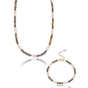 Ensemble Collier et Bracelet en Acier Inoxydable avec Perles d'Eau Douce Baroques et Pierre Œil de Tigre pour Femme