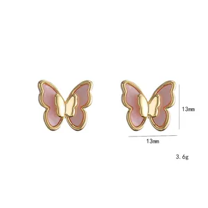 Elegant 13mm butterfly stud earrings with zircon and pink shell in S925 silver finish