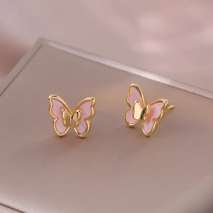 Pink butterfly stud earrings with gold plating and zircon accents for women