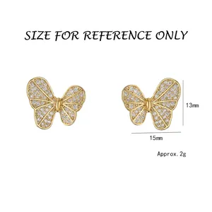 S925 silver needle butterfly stud earrings with white zircons, size 15mm by 13mm