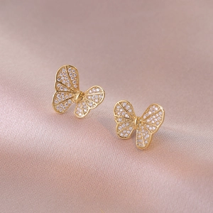 Butterfly Stud Earrings Shiny Zircon Inlaid Copper With 925 Sterling Silver Earring Post Korean Style For Women