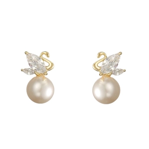 Elegant swan shaped gold earrings with sparkling crystals and white round pearls
