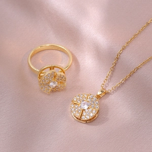 Roterende Bloem Hanger Halsketting En Ring Set Roestvrij Staal Verguld Zirkonia Ingelegd Mode Sieraden Voor Dames Elegante Sieradenset