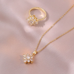 Stainless Steel Rotating Flower Zirconia Pendant Necklace Ring Jewelry For Women Light Luxury Stress Relief Fashion Accessory