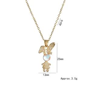 Golden bunny girl pendant necklace with rhinestones and moonstone for women