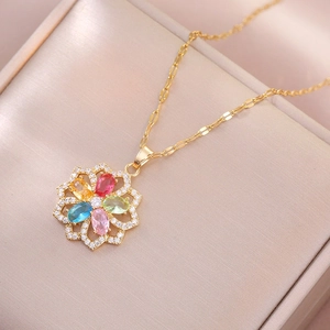 Collana Con Pendente A Fiore In Zircone Colorato Acciaio Inossidabile Gioielli Floreali Eleganti Design Di Nicchia Per Donne