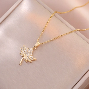 Maple Leaf Pendant Necklace Titanium Steel With Zircon Rhinestone Inlaid Elegant Gold Plated Clavicle Chain For Women