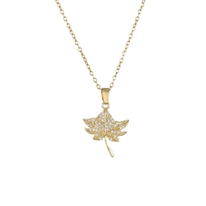 Elegant gold maple leaf pendant necklace with shimmering zircon crystals on O-chain