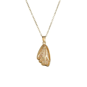 Double-layered gold butterfly wing necklace with sparkling cubic zirconia on white background