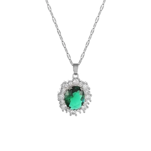 Collana vintage in acciaio al titanio argento con ciondolo a fiore in zircone verde smeraldo