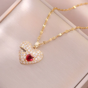 Collier Pendentif Coeur Pour Femmes Acier Titane Pavé Complet Zircone Cubique Pierre Rouge Bijoux Mode Élégant