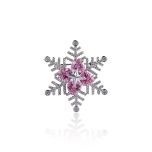 Exquisite silver snowflake brooch with four pink heart gems and white micro-pave crystals