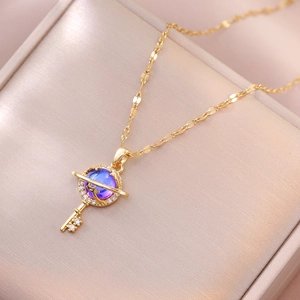 Planet Key Pendant Necklace Stainless Steel Zircon Gradient Stone Saturn Ring Clavicle Chain Fashion Jewelry Women